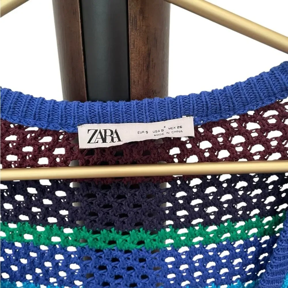 Zara Blue Green Colorblock Cropped Sweater Crew Neck Women’s S EUC - Picture 3 of 5